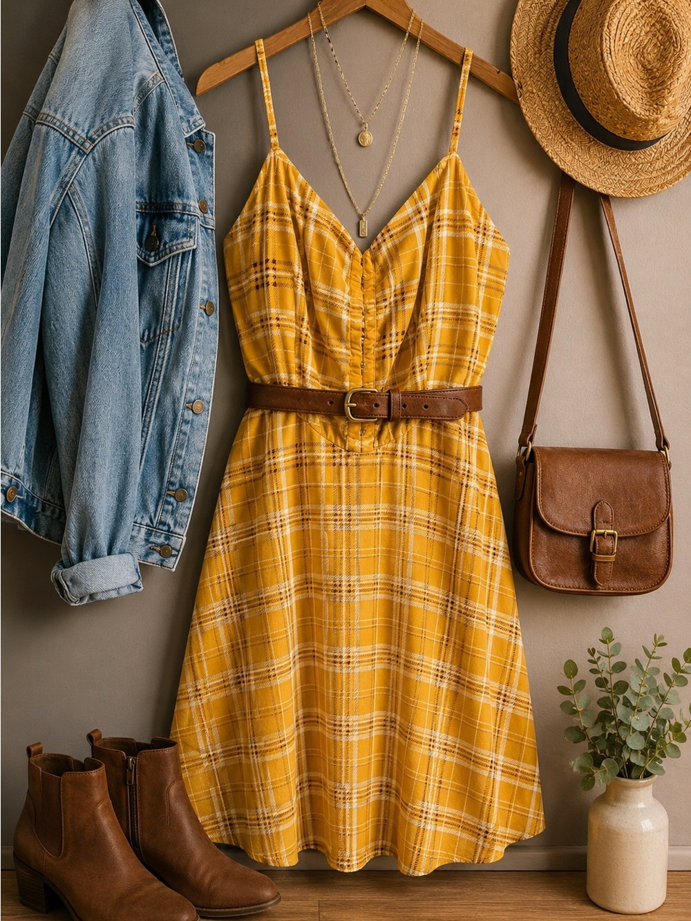 Lily Rose Mustard Plaid Spaghetti-Strap Mini Dress